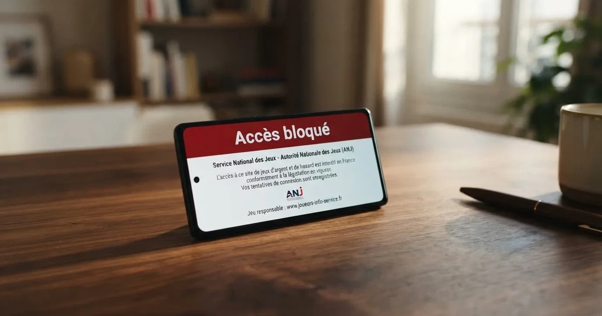 Bandeau d'avertissement d'accès bloqué affiché à la place d'un site de casino en ligne depuis la France