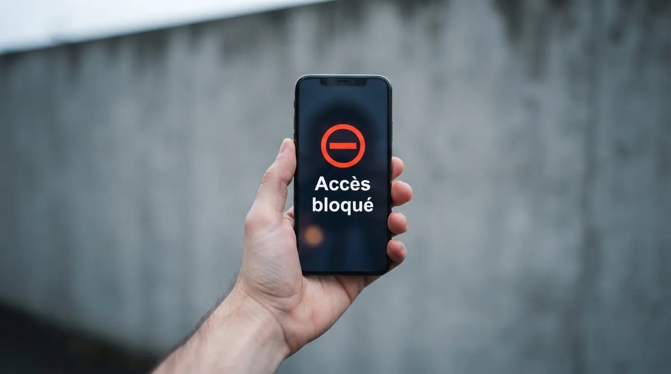 Main tenant un smartphone affichant un message d'avertissement d'accès bloqué