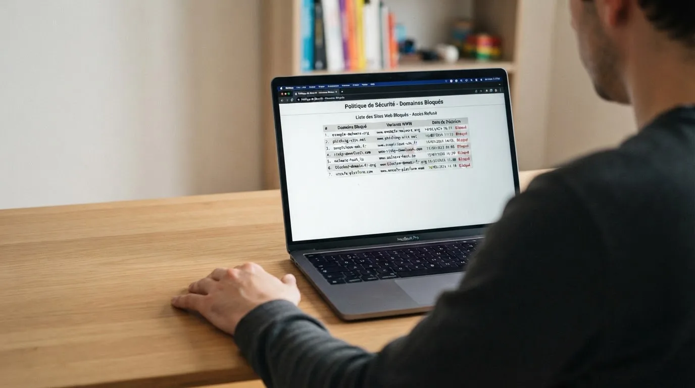 A browser window displaying a long CSV-style list of blocked website domains with decision dates in a column, no brand logos