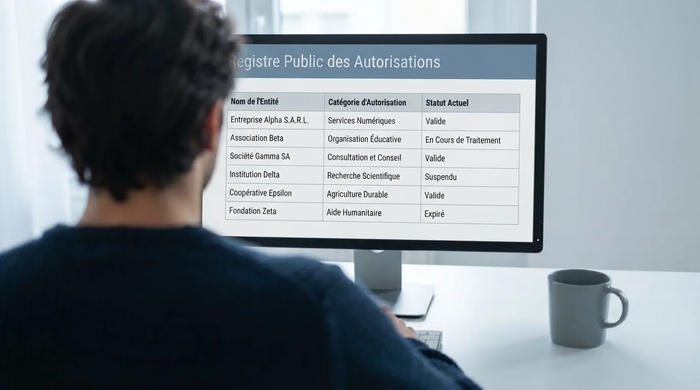 An official-looking government registry page listing licensed operator names and categories in a simple table, no logos