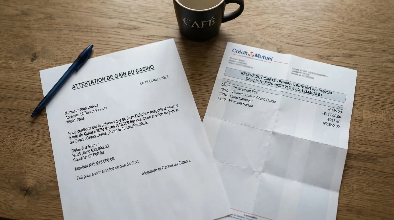 Document d'attestation de gain posé à côté d'un relevé bancaire sur un bureau