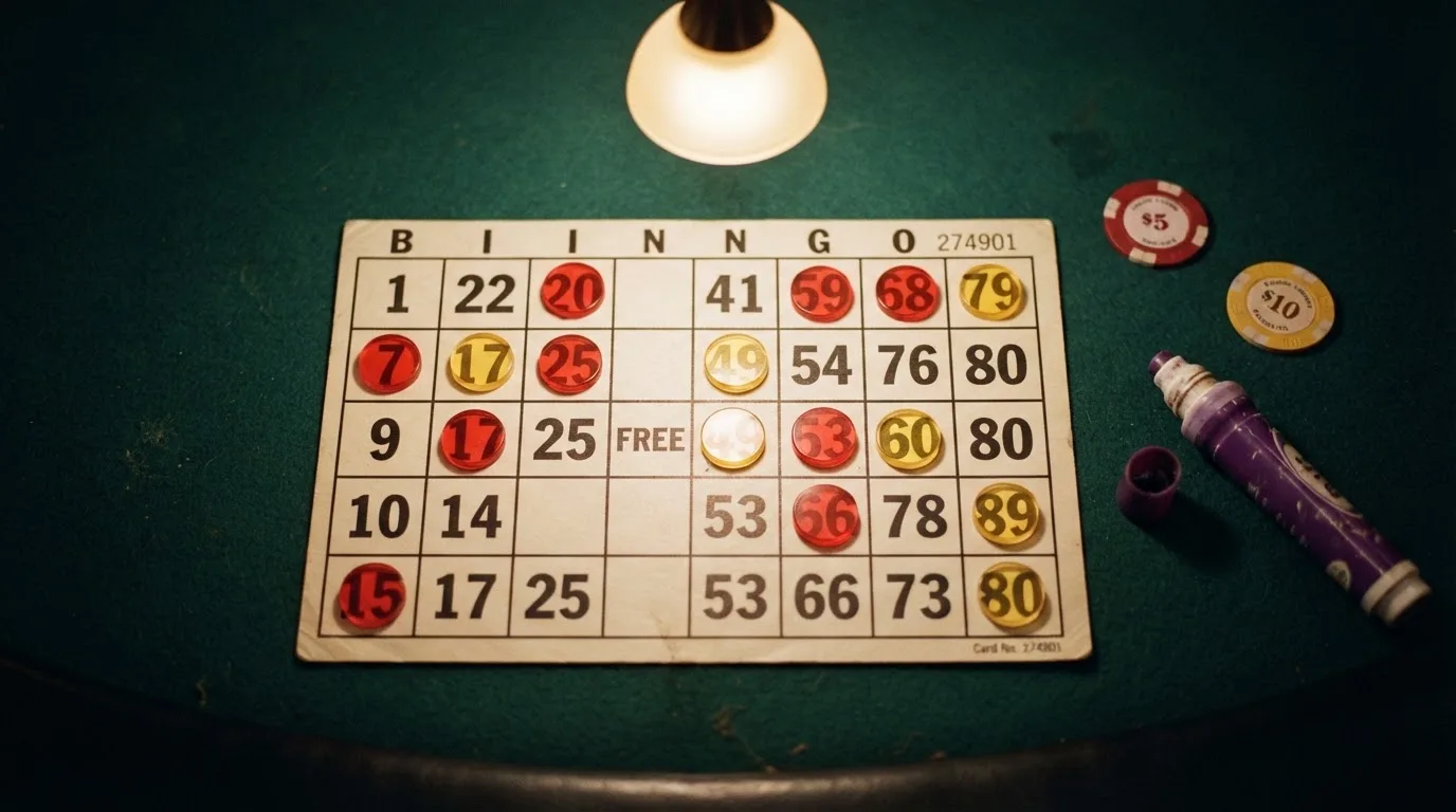 Grille de bingo avec un carton 3 lignes sur 9 colonnes et des jetons numérotés posés dessus