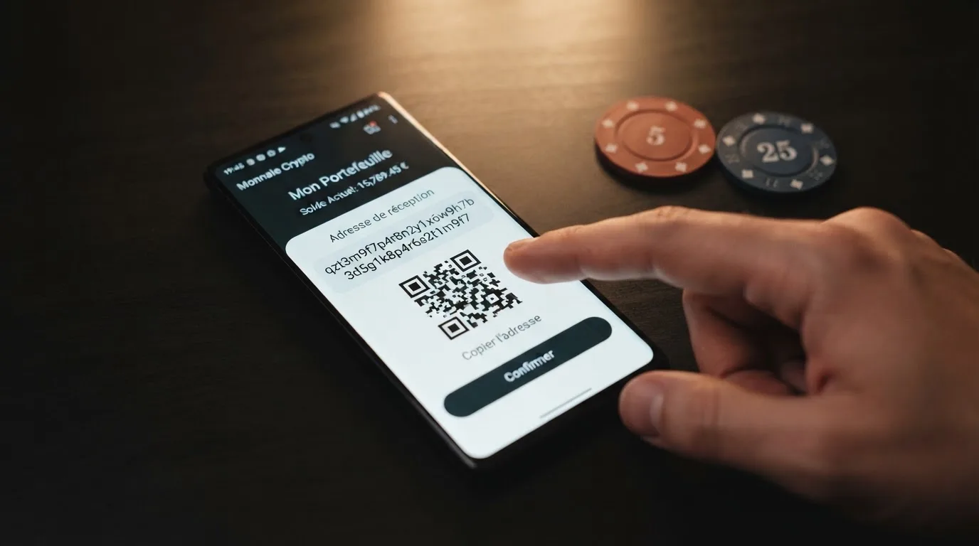 Gros plan sur une application de portefeuille crypto affichant une adresse Bitcoin Cash au format CashAddr commençant par la lettre q, sur fond de pièces BCH.