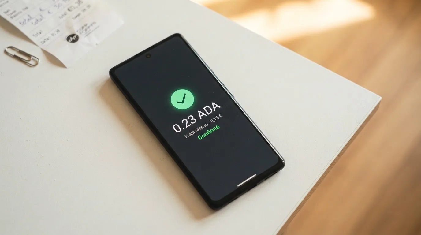 Confirmation d'une transaction Cardano affichée sur l'interface d'un casino en ligne, avec le montant des frais de réseau détaillé