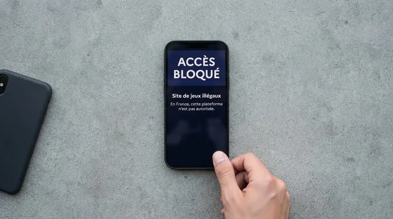 Écran de smartphone affichant un avertissement officiel sur les jeux d'argent illégaux en ligne en France
