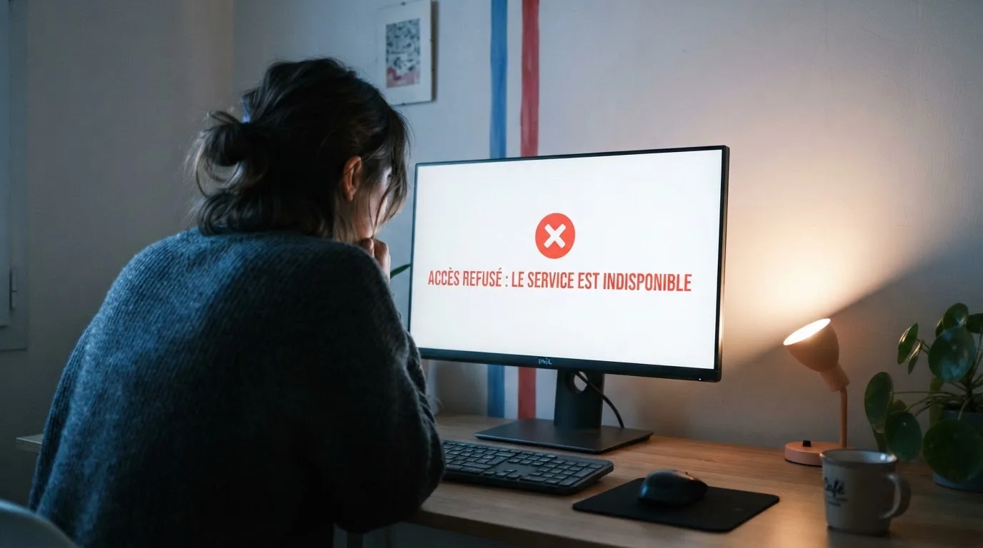 Un écran d'ordinateur affiche un message d'accès bloqué à un site de jeux d'argent non autorisé, sur fond de drapeau français stylisé.