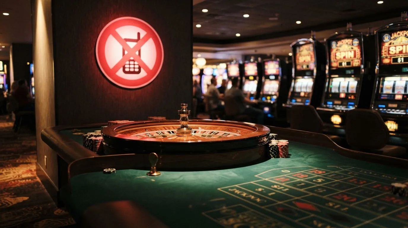 pictogramme d'interdiction superposé à une roulette et des machines à sous, illustrant l'interdiction du casino en ligne en France
