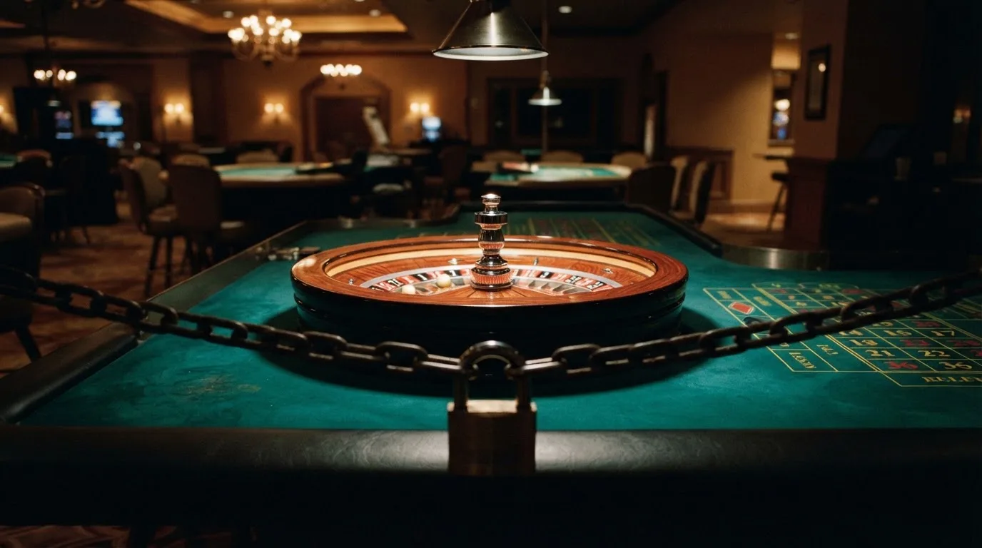 Le logo de l'Autorité nationale des jeux (ANJ) associé à un symbole d'interdiction sur fond de roulette de casino.
