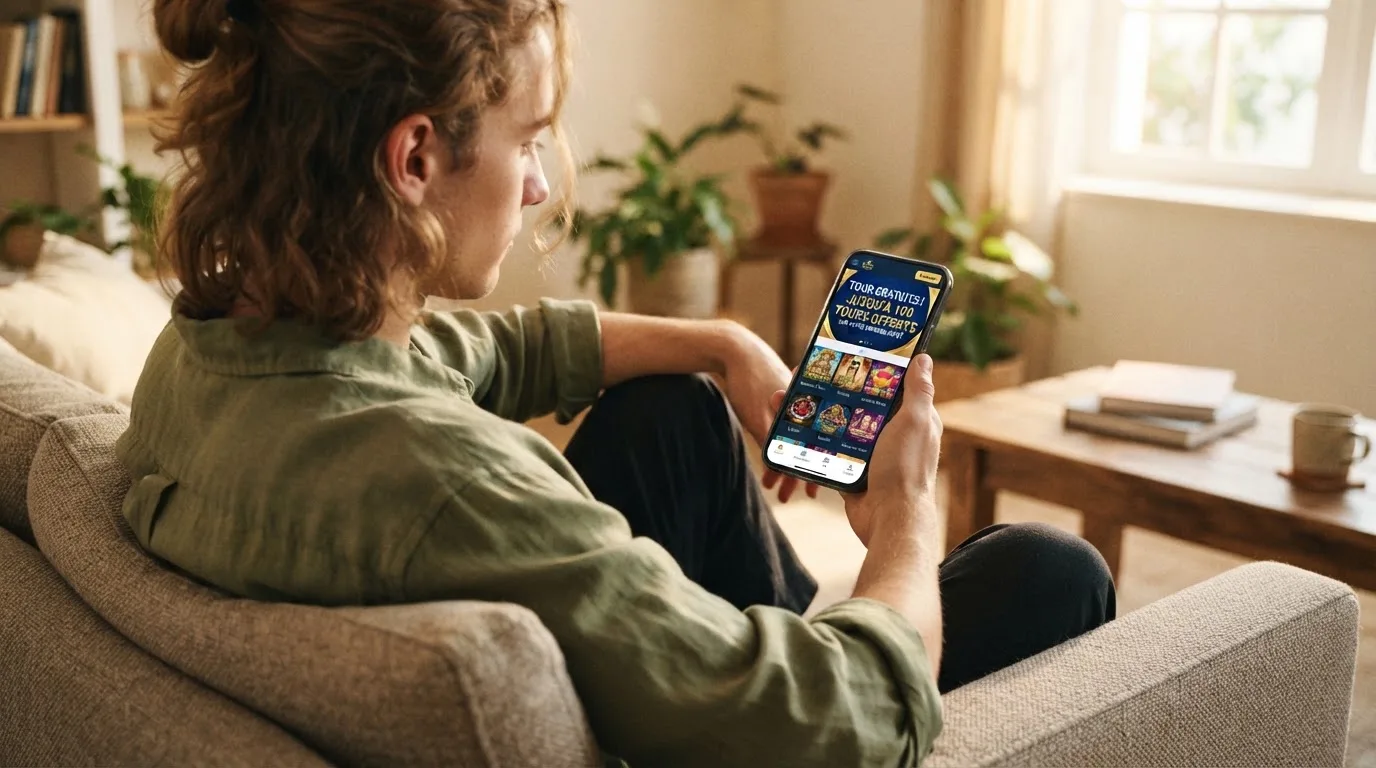 Écran de smartphone affichant l'interface mobile d'un casino en ligne avec une notification de tours gratuits