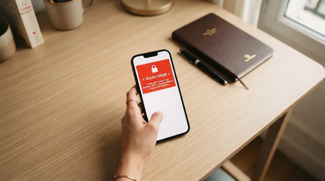 Main tenant un smartphone affichant un écran de blocage de site avec un message d'avertissement rouge, dans un décor évoquant un bureau administratif français.