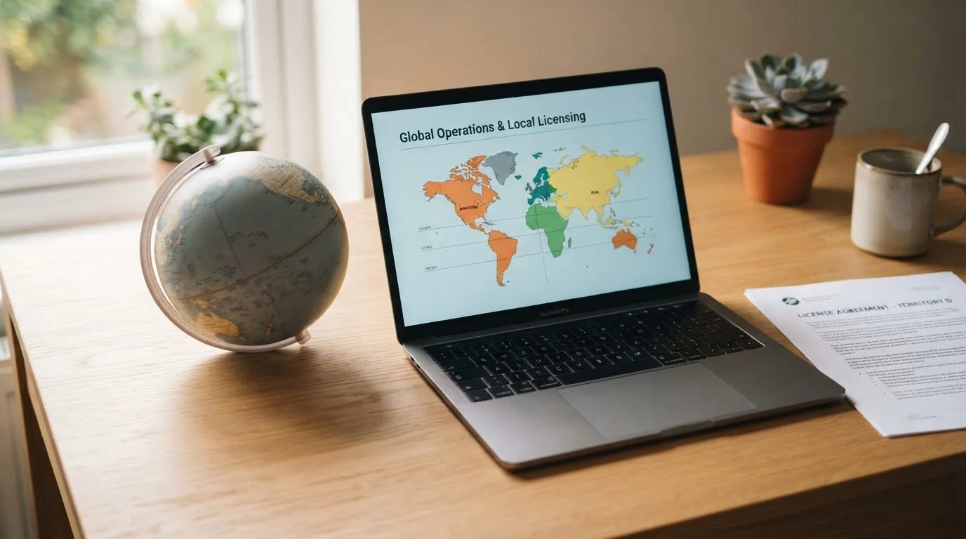 Un globe terrestre posé à côté d'un ordinateur portable affichant une carte du monde.