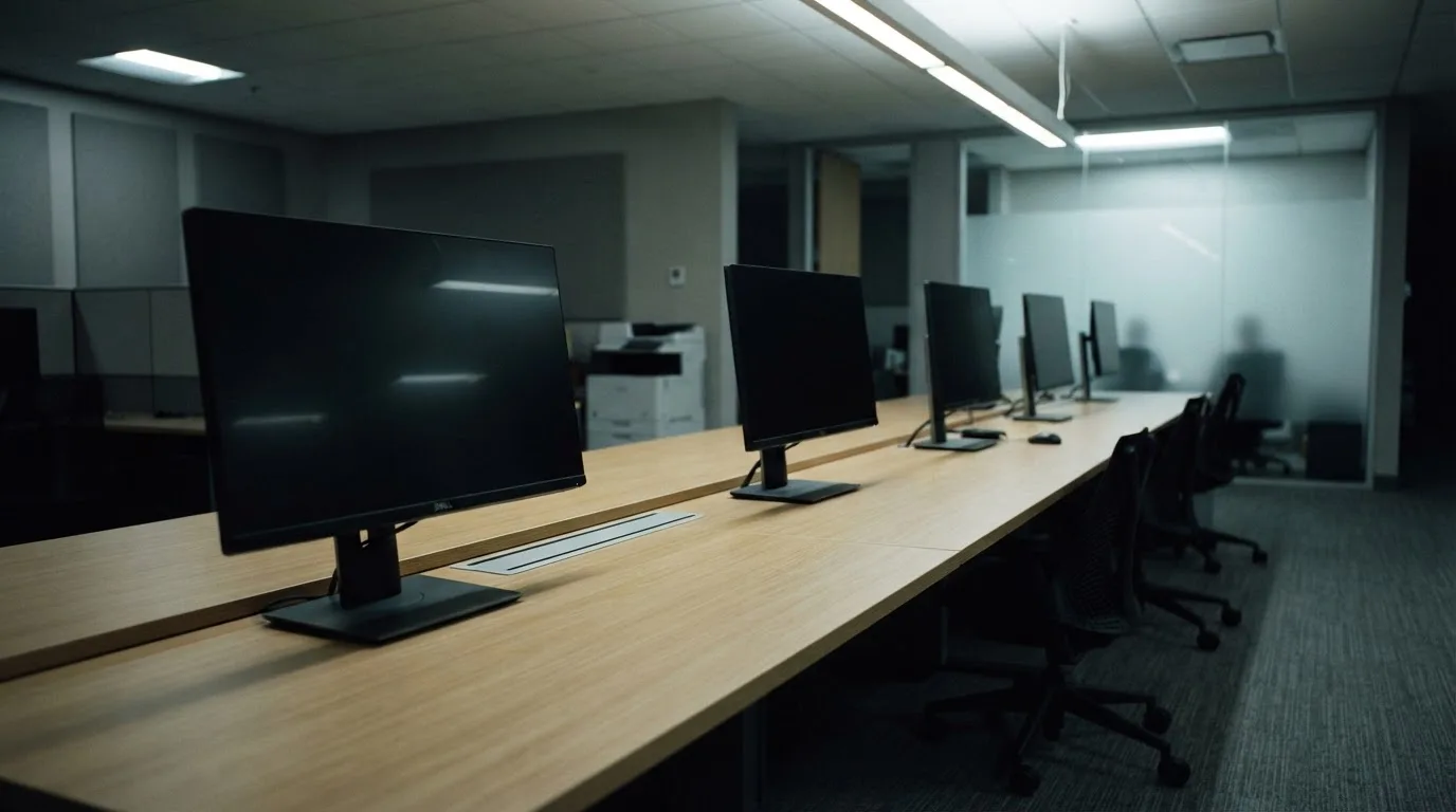 Une rangée d'écrans d'ordinateur éteints dans un bureau vide.