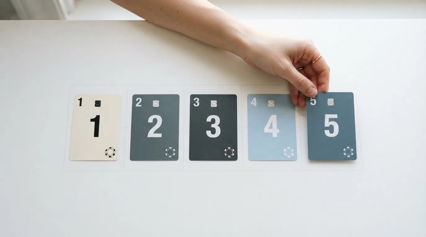 overhead flat-lay of a hand ranking printed casino logos on numbered cards on a desk