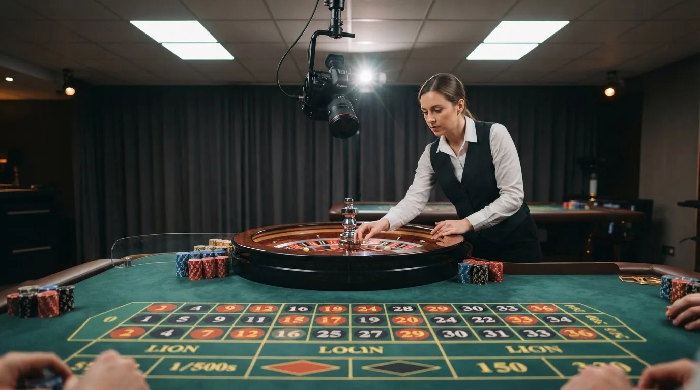 a live dealer standing at a roulette wheel under studio lighting, streaming camera visible above the table