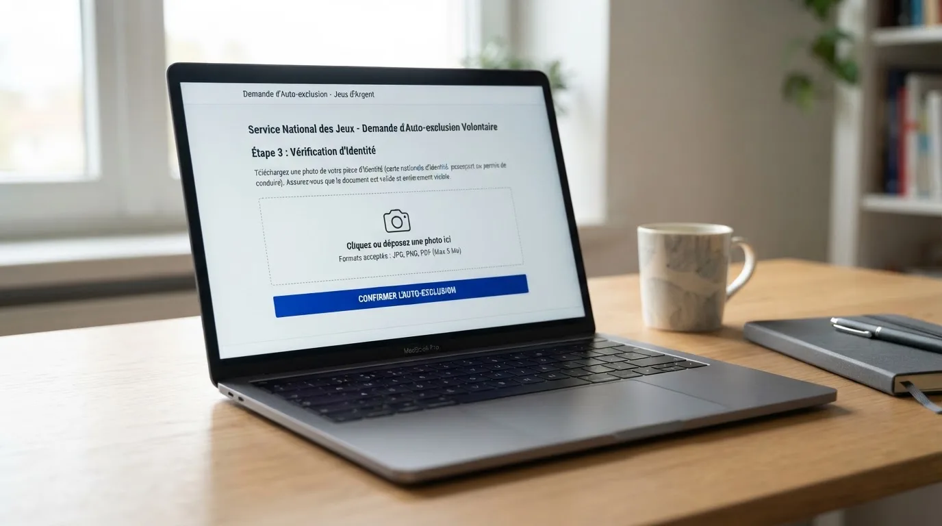 a laptop screen showing a government self-exclusion registration form with an identity-check step, no logos visible
