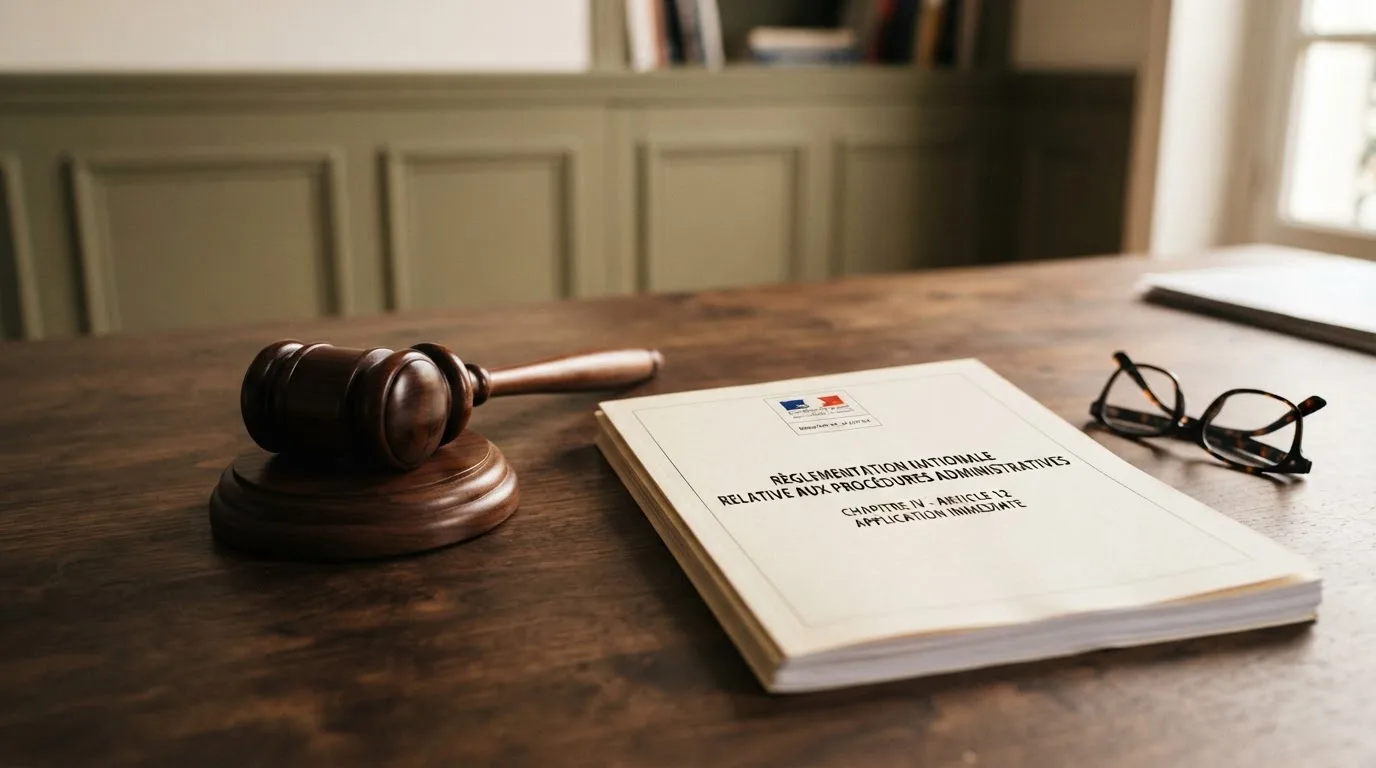 A gavel resting beside official regulatory documents on a wooden desk