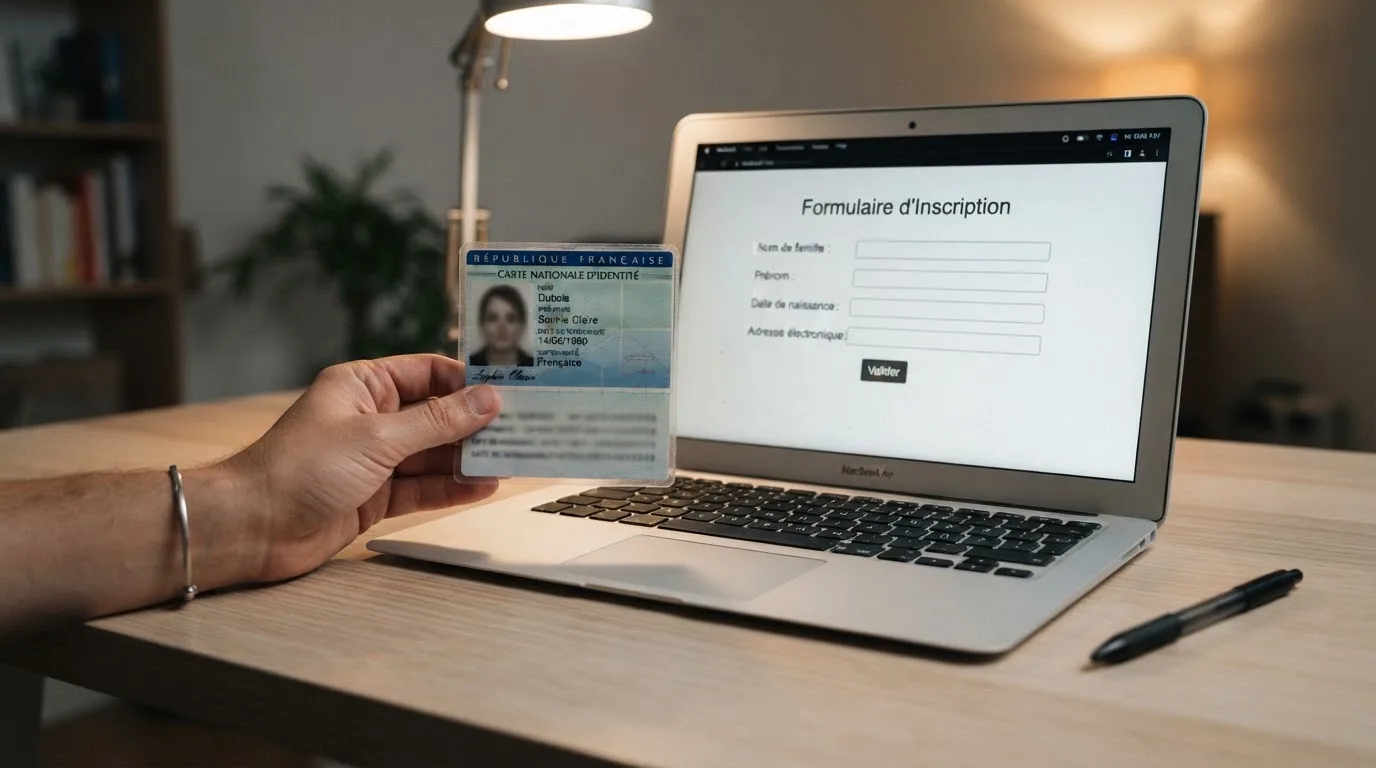 Close-up of a hand holding an identity document next to a laptop showing an online registration form