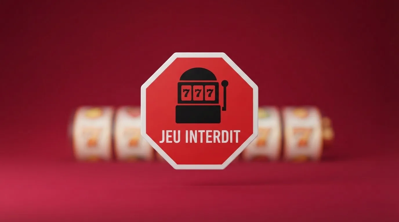 a red official-style stop/prohibition icon overlaid on a blurred casino slot-reel background