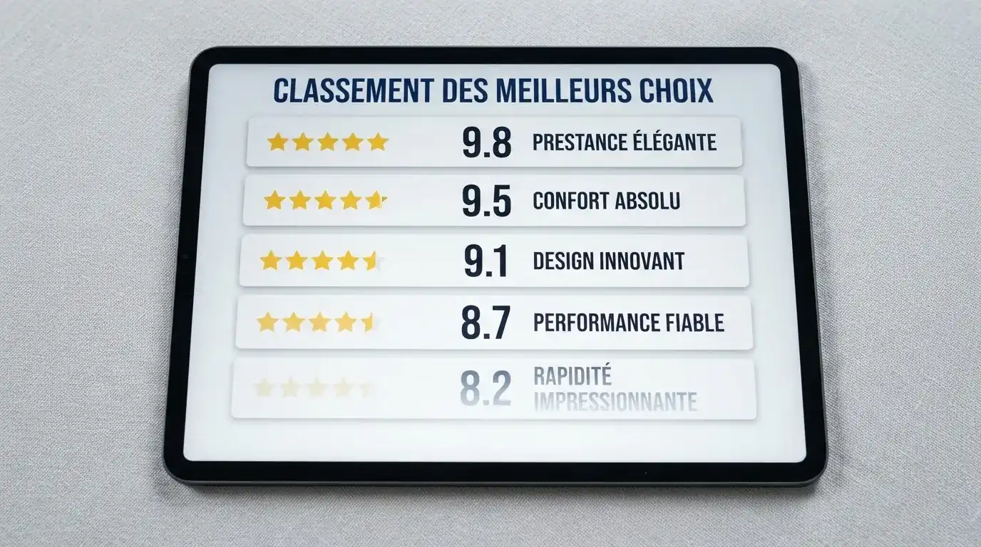 Liste de notes et d'étoiles affichée sur un écran, évoquant un classement d'applications sans nom de marque.