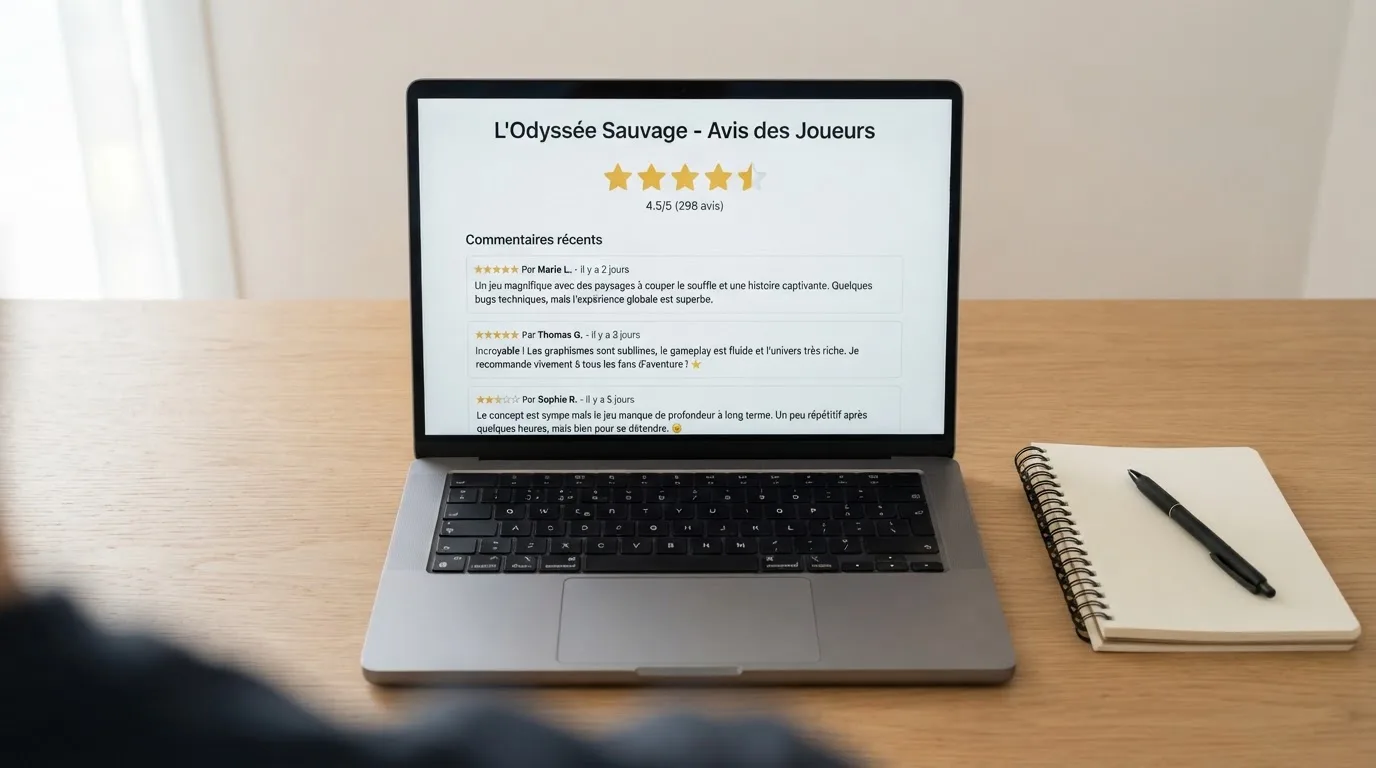 Page d'avis en ligne affichant des étoiles de notation et des commentaires de joueurs contradictoires