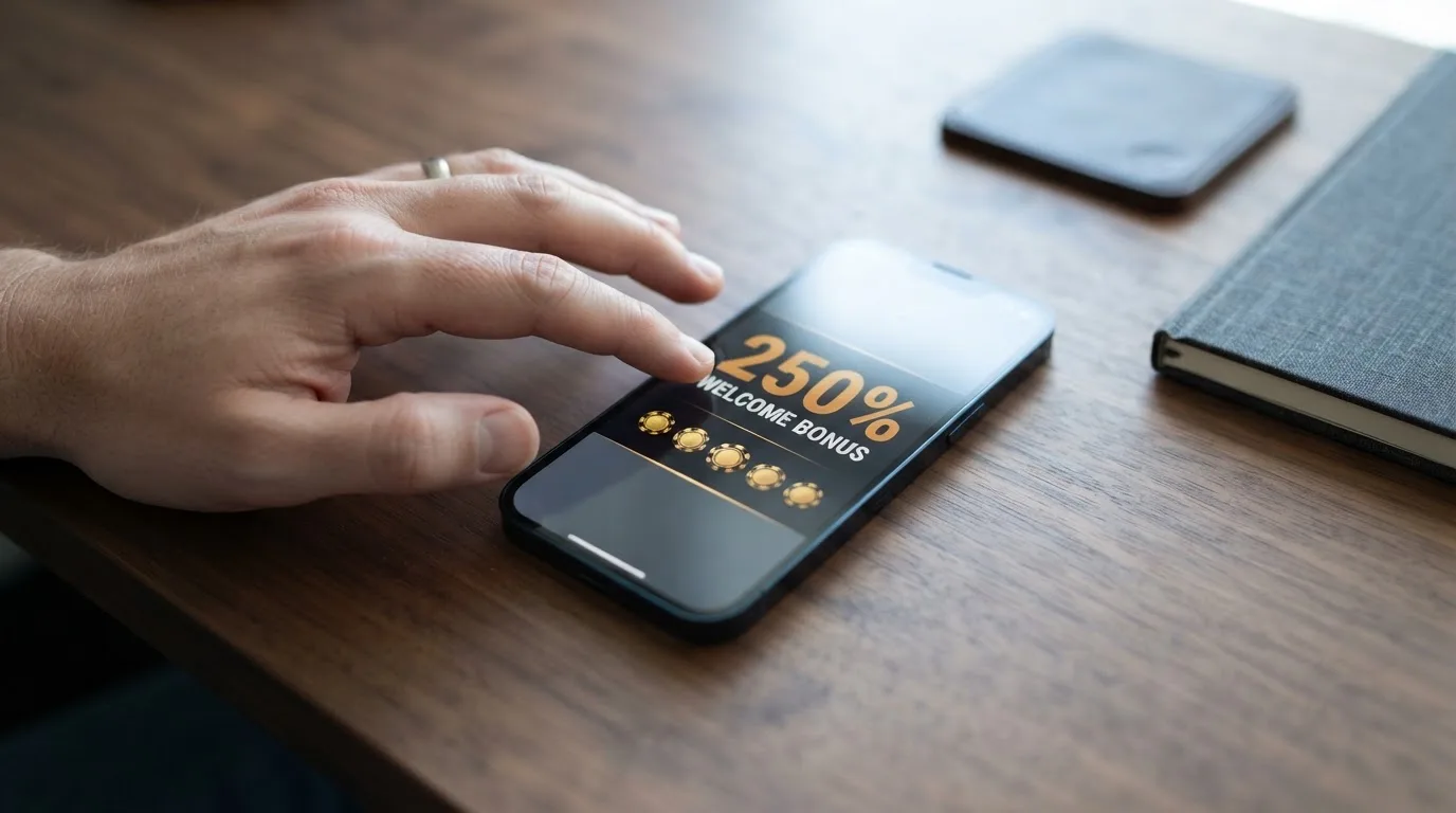Écran de bonus de bienvenue affichant un pourcentage et des tours gratuits sur un site de casino en ligne
