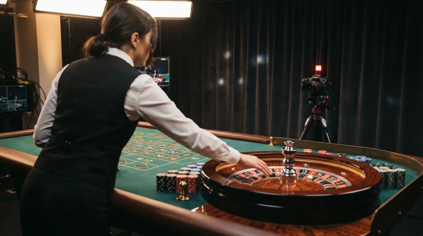Table de roulette avec croupier en direct filmée depuis un studio de casino live