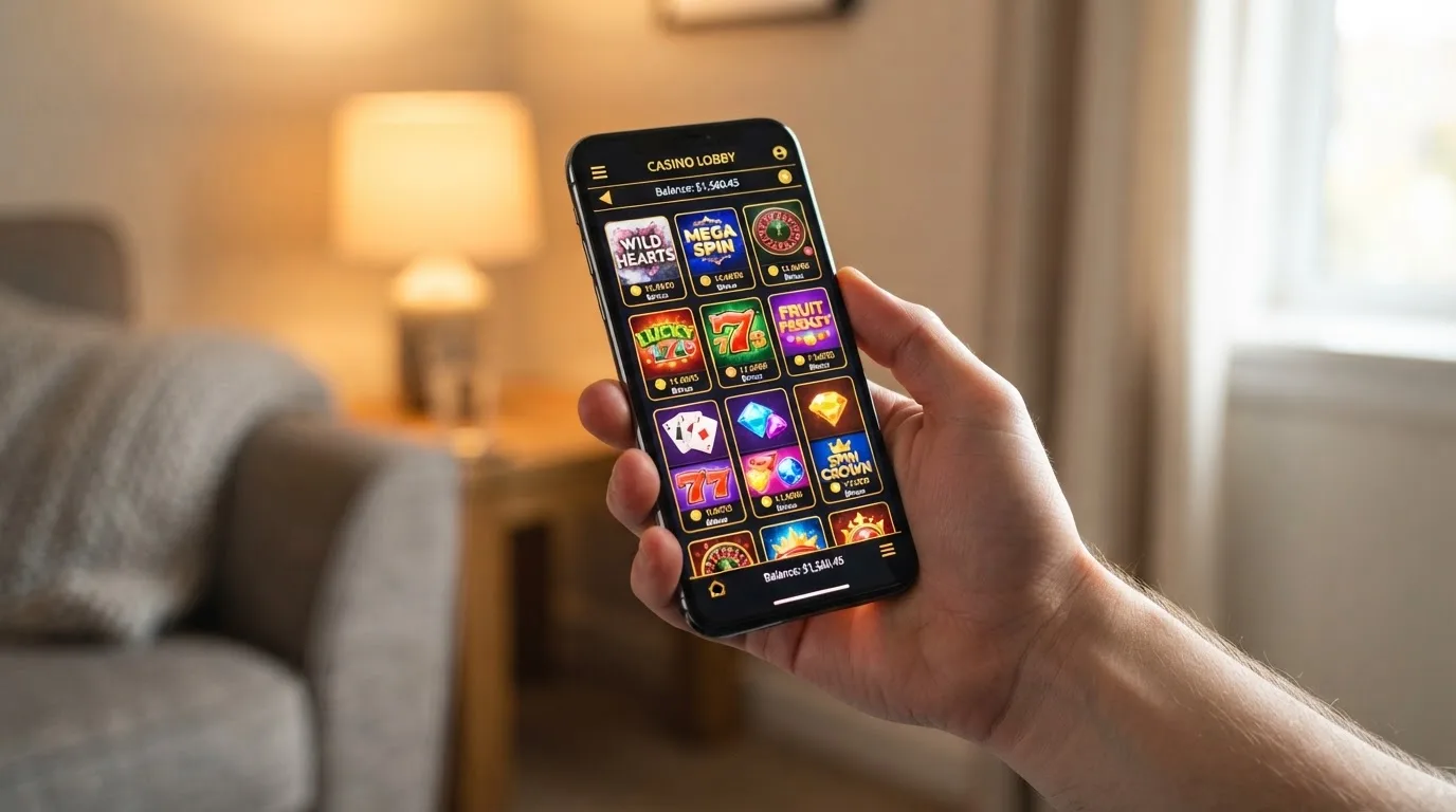 Main tenant un smartphone avec une interface de casino en ligne adaptée à l'écran tactile