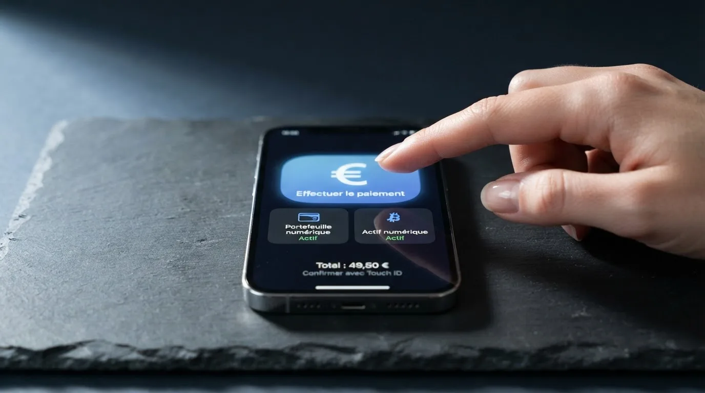 Écran de paiement mobile avec icônes de cryptomonnaies et de portefeuille électronique