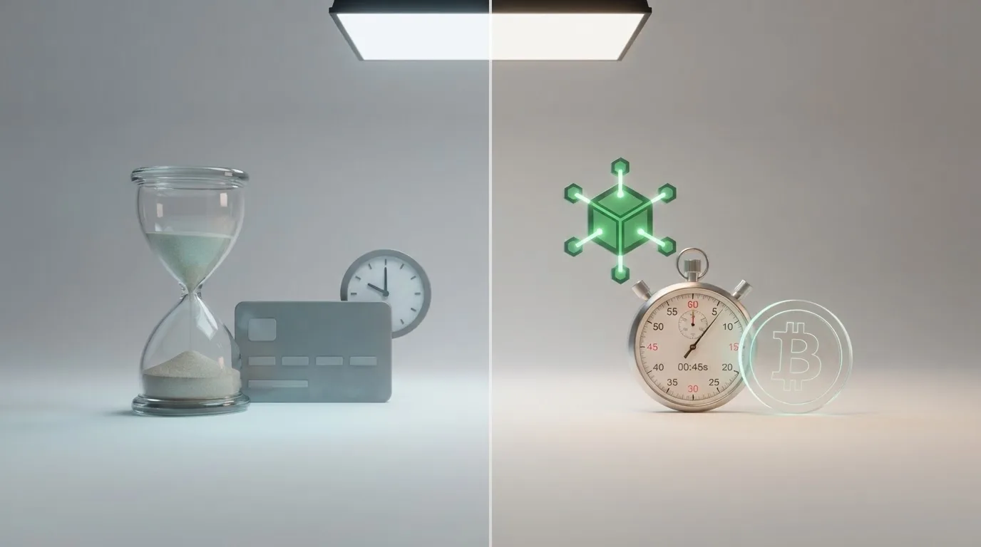 a split-screen graphic comparing a slow bank-transfer icon against a fast blockchain-transfer icon with a stopwatch