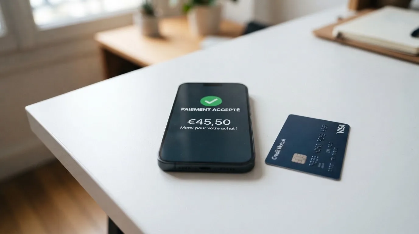 Close-up of a bank card and a smartphone displaying a payment confirmation screen