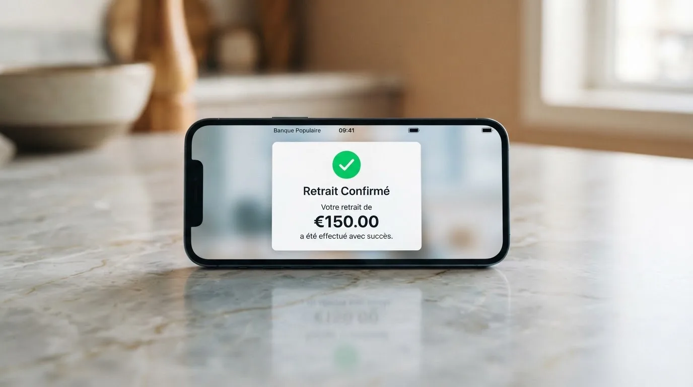 notification de confirmation de retrait affichée sur un téléphone mobile