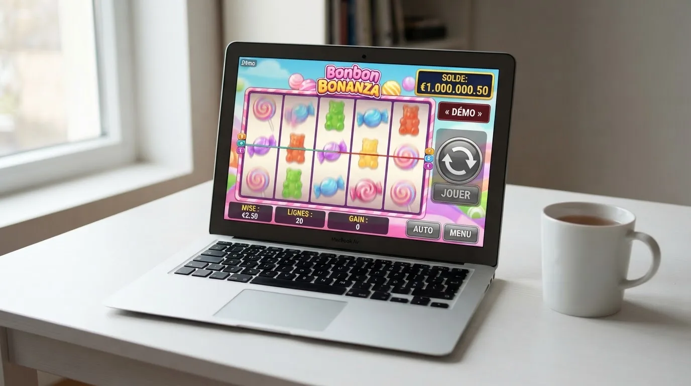 Interface de mode démo d'une machine à sous en ligne, avec un solde affiché en argent fictif